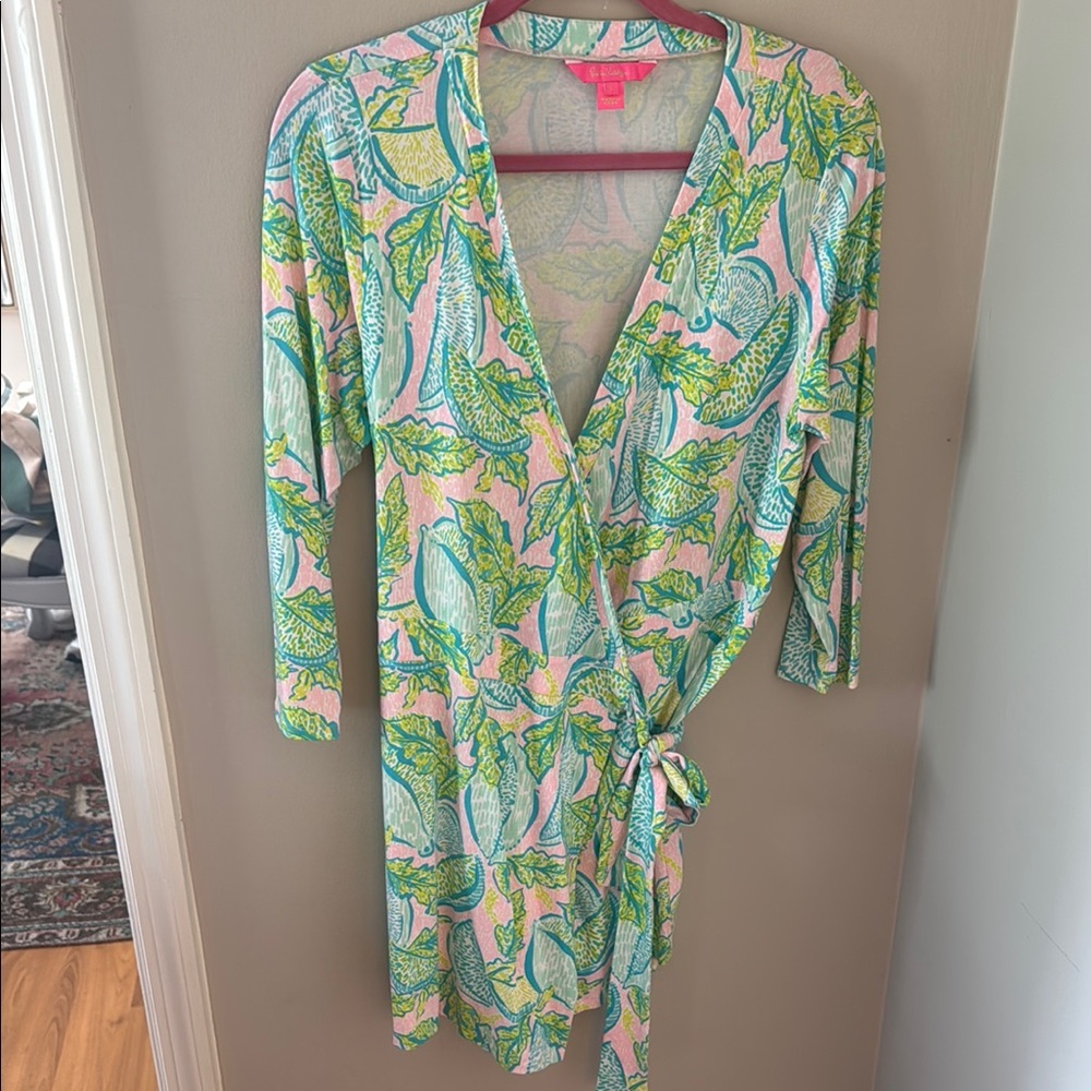 Lilly Pulitzer Pink, Green & Teal Wrap Romper with Leaf Print